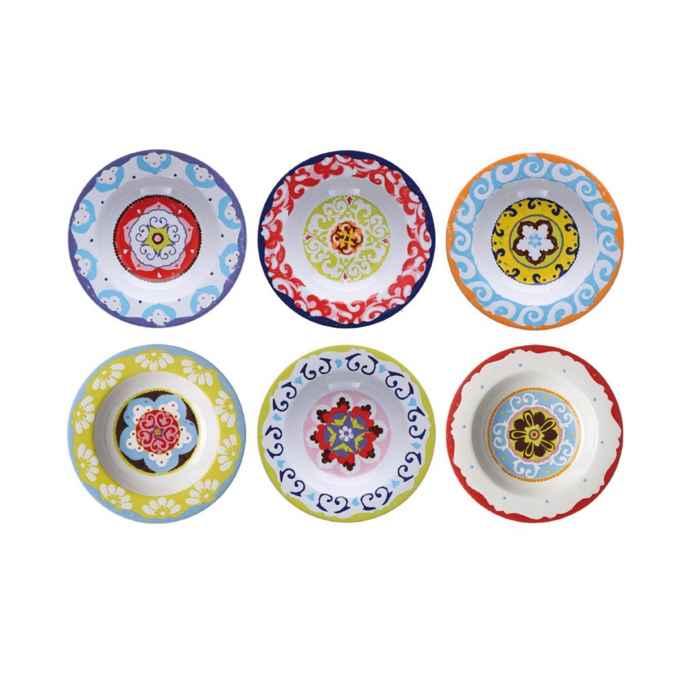 Set 6 Piatti Fondi Cottage Con Rose E Tulipani - Porcellana Per Microonde E Lavastoviglie