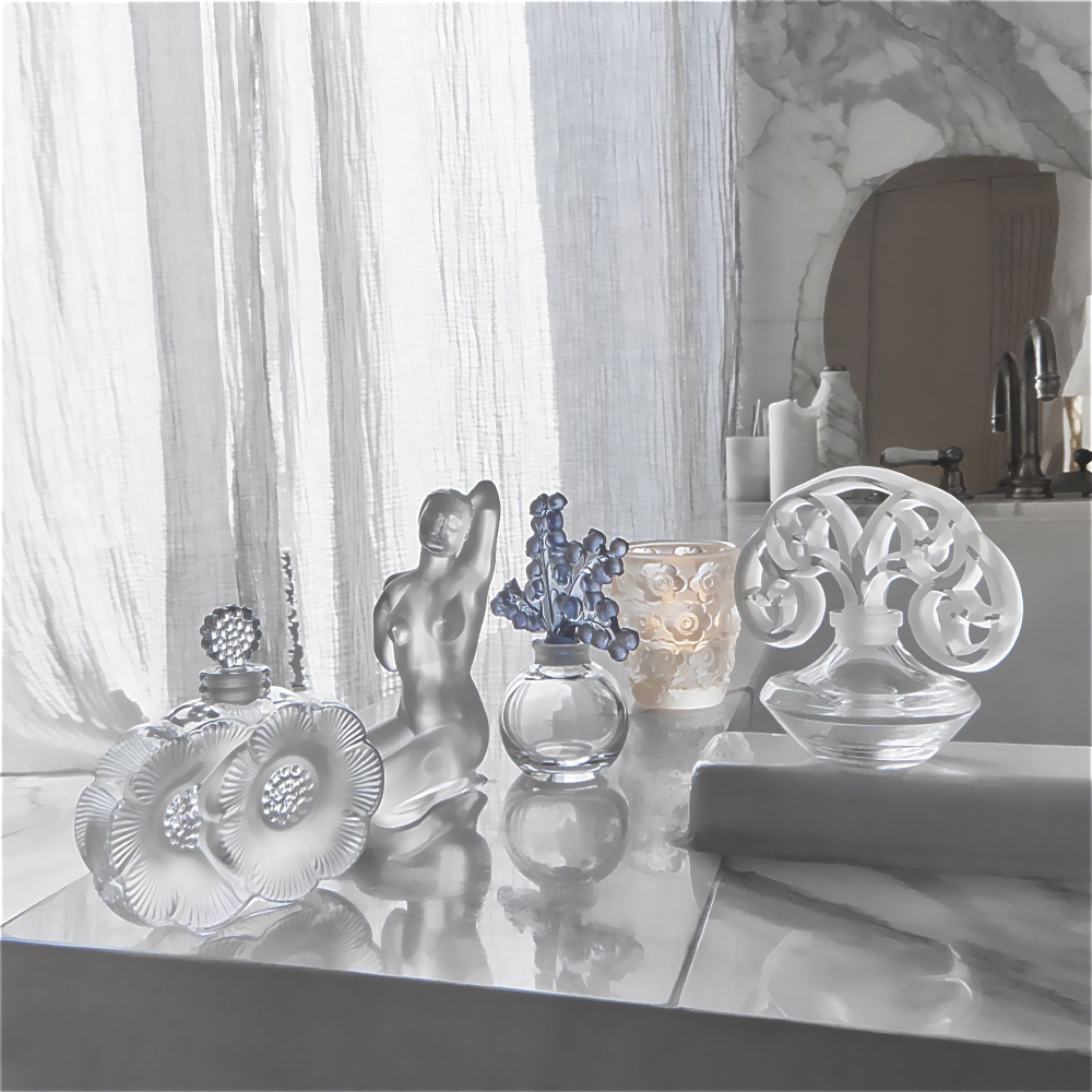 Quick Ship - Lalique Anemones Clear crystal candle holder