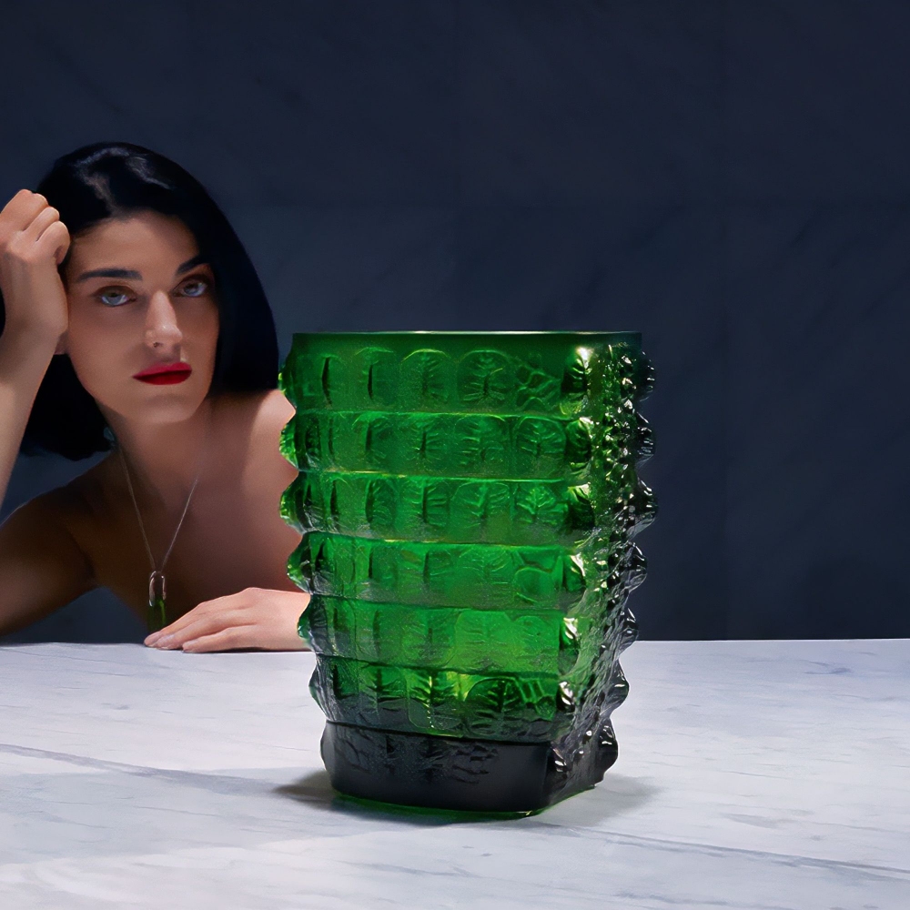 Lalique Croco Green crystal vase