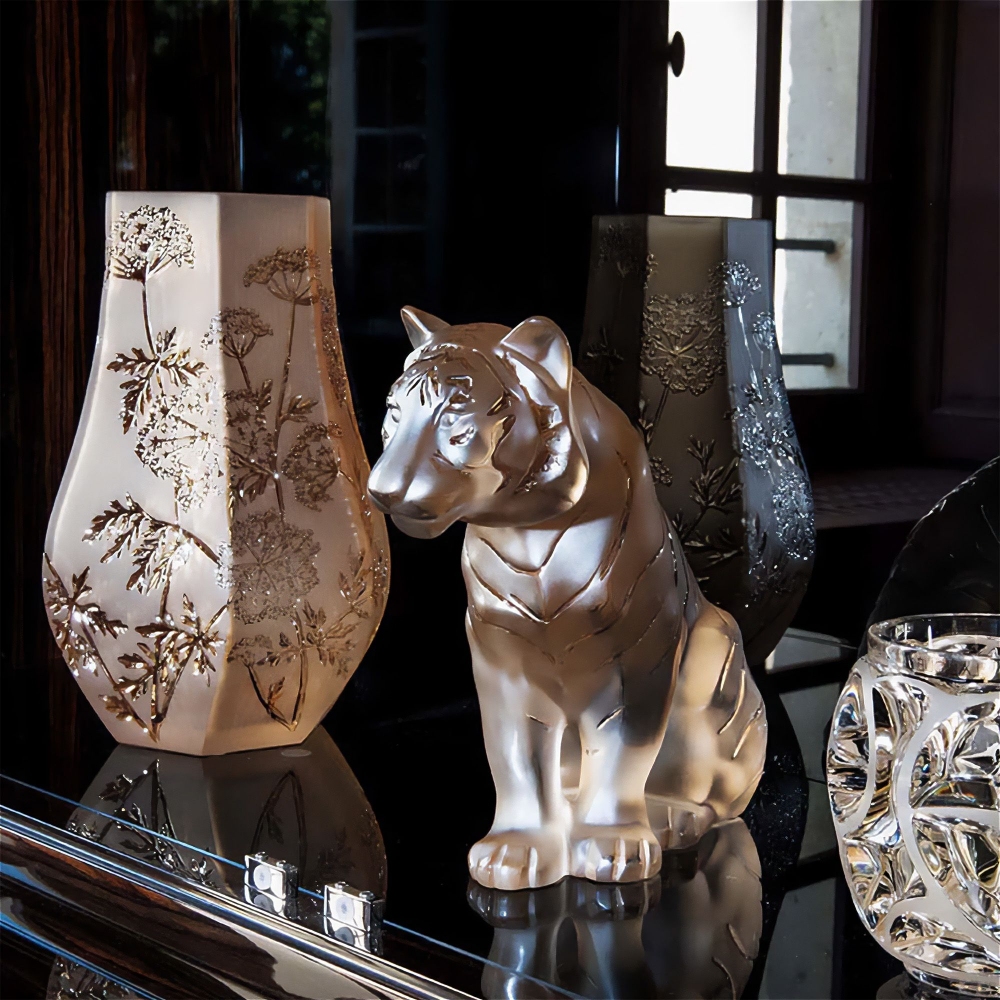 Lalique Sitting Tiger Gold Luster crystal sculpture