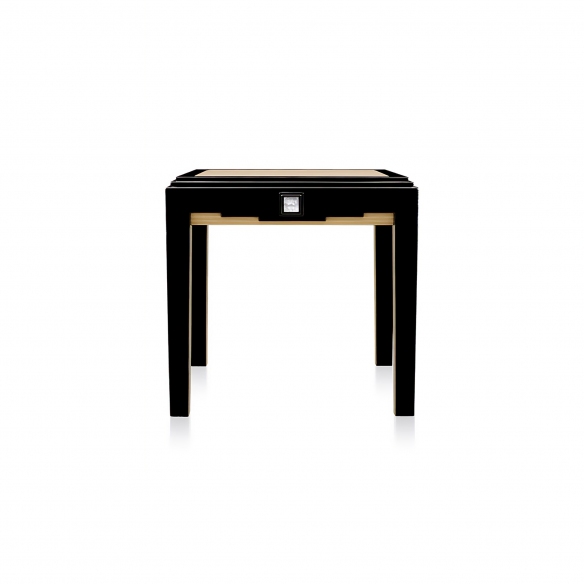 Lalique Tavolino grande in cristallo trasparente, laccato nero e frassino avorio Masque de femme