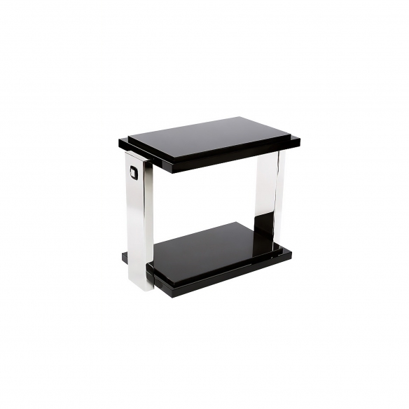 Lalique Tavolino in cristallo trasparente, laccato nero e acciaio lucido con piano in granito nero Masque de femme