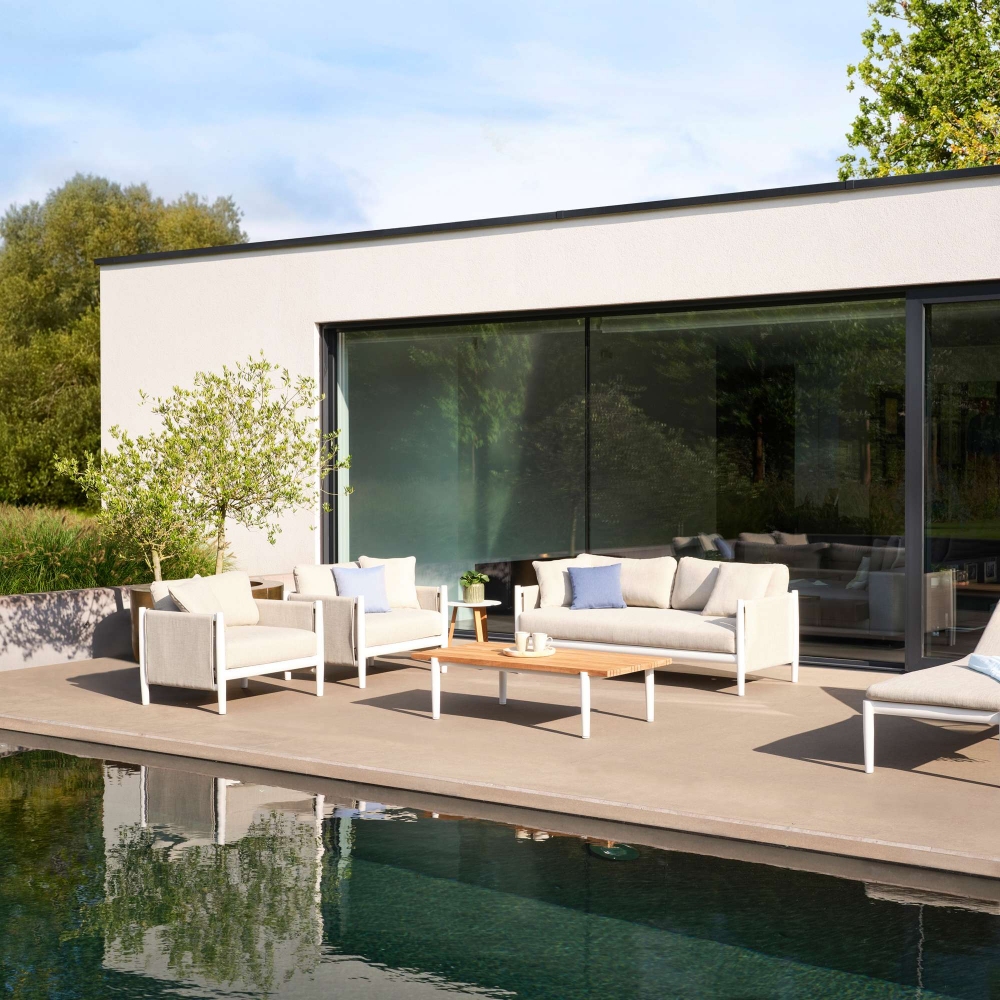 Diphano Switch Fabric coffee table 140x62 cm 37h cm with Teak top