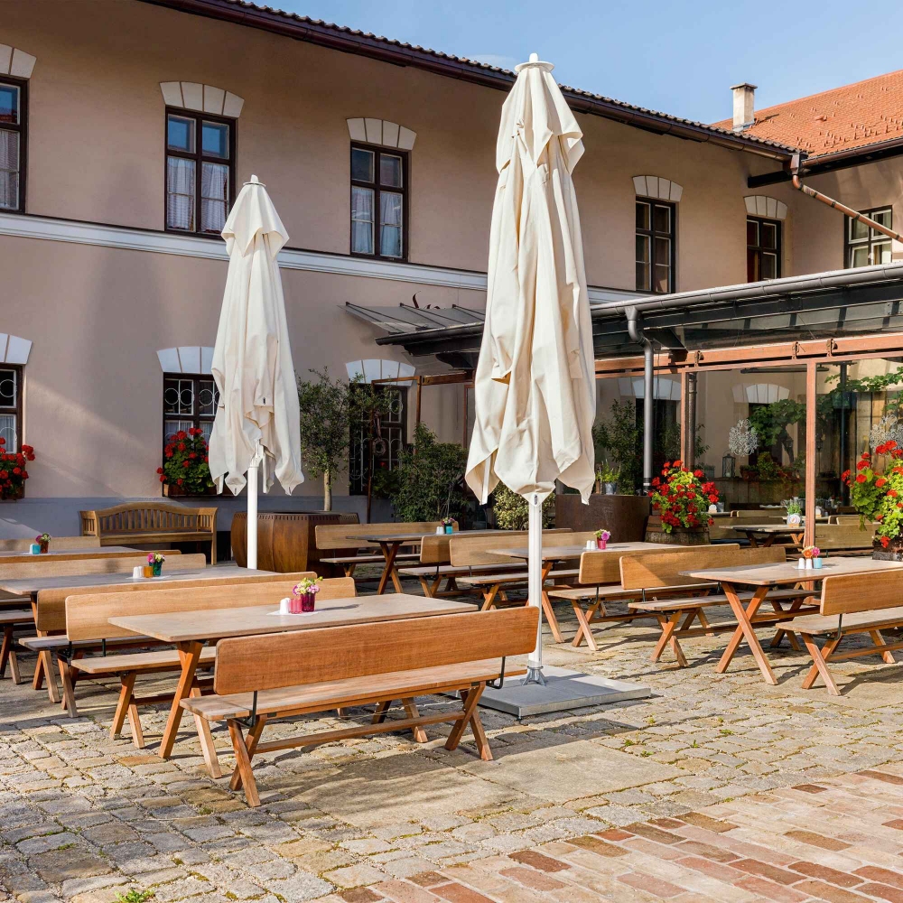 Weishäupl Ombrellone rotondo da giardino Telescopic diam. 500 cm - Base quadrata inclusa