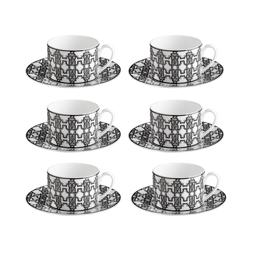 Roberto Cavalli Monogram Black set of 6 tea cups and saucers 20 cl - Luxury box