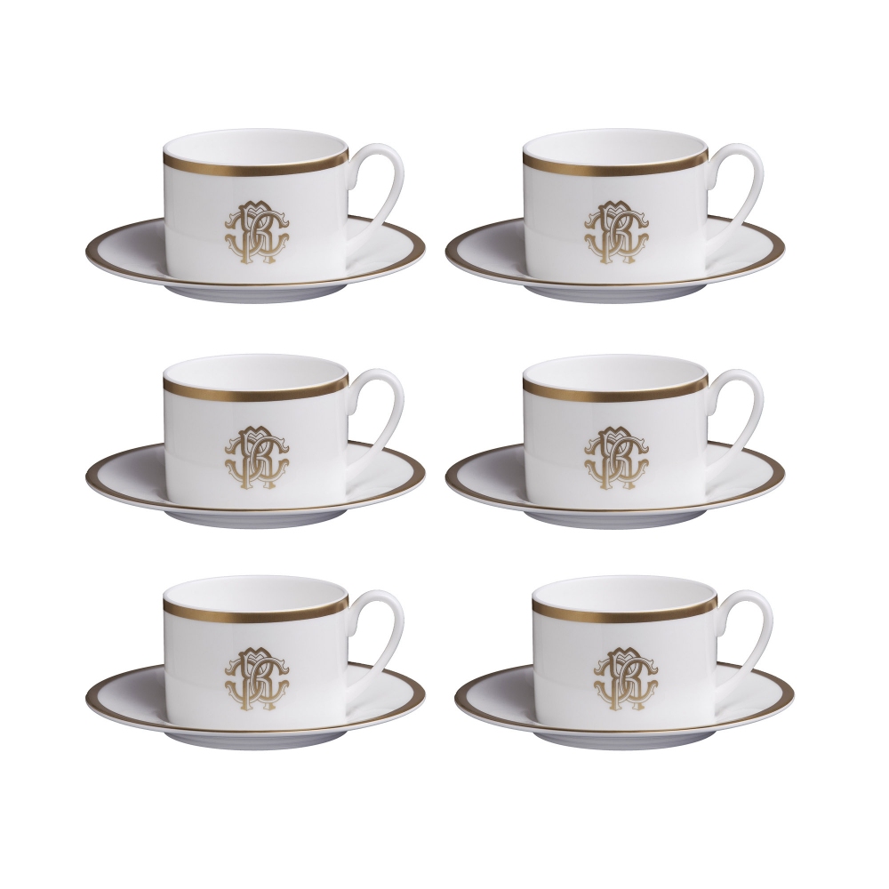Roberto Cavalli Silk Gold Set of 6 tea cups with saucers 20 cl