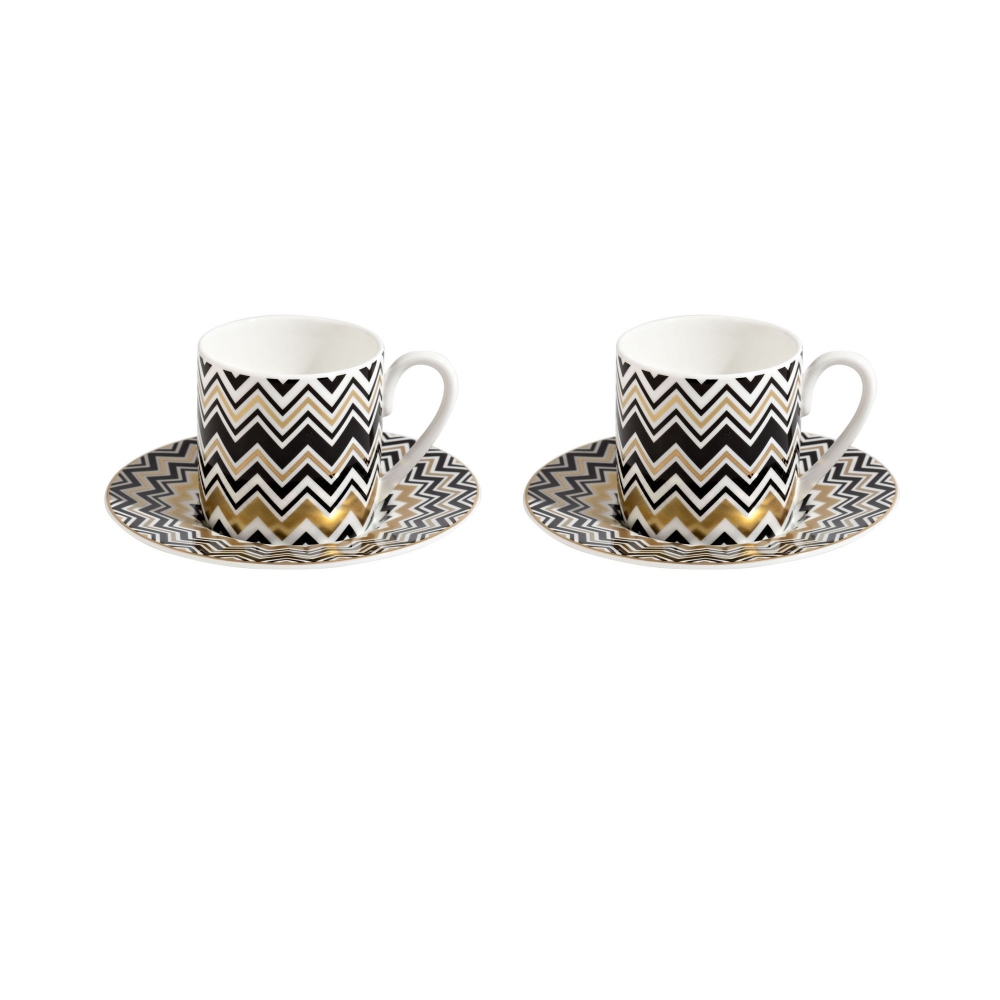 Missoni Zig Zag Gold Set of 2 Coffee Cups and Saucers - Luxury Box