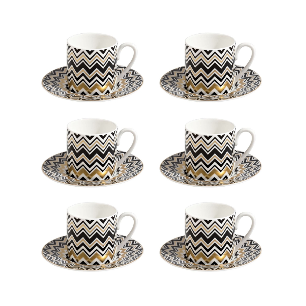 Missoni Zig Zag Gold Set of 6 Coffee Cups with Saucers - Luxury box