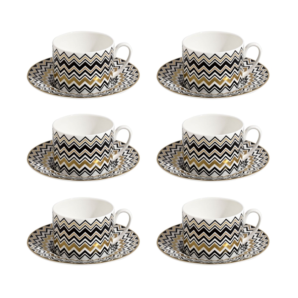 Missoni Zig Zag Gold Set of 6 Tea Cups with Saucers - Luxury box