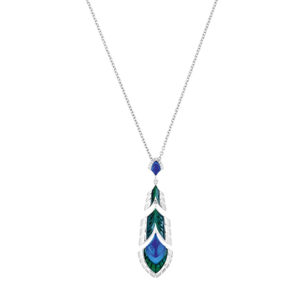 Lalique Paon Cristal Bleu et Laque Verte Pendant
