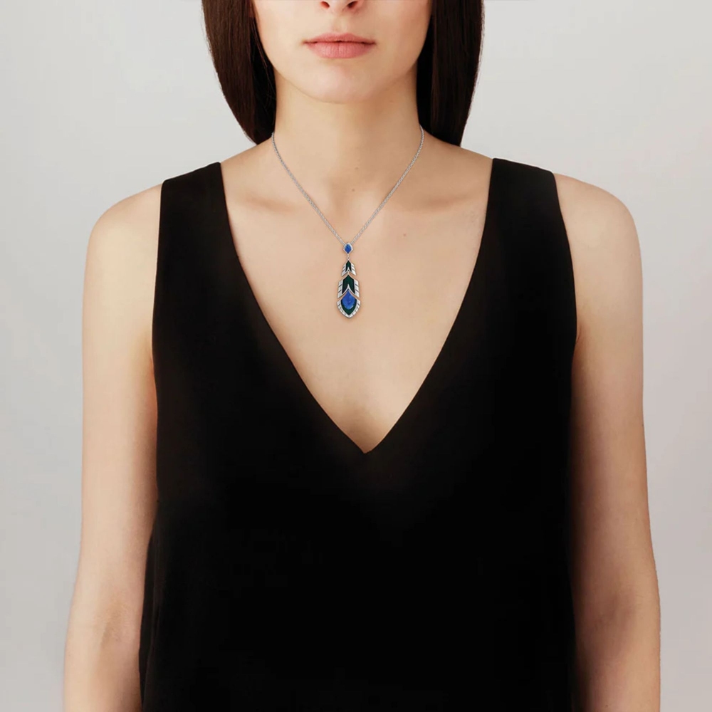 Lalique Ciondolo Paon Cristal Bleu et Laque Verte argento